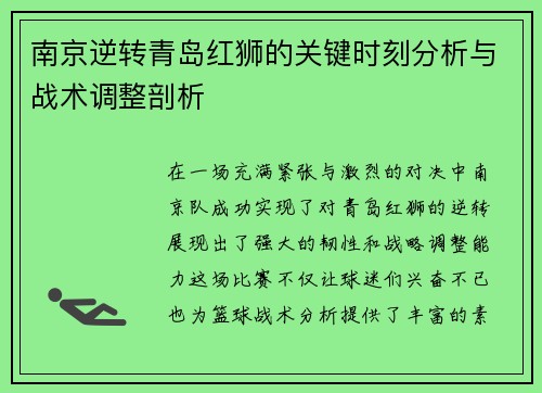 南京逆转青岛红狮的关键时刻分析与战术调整剖析